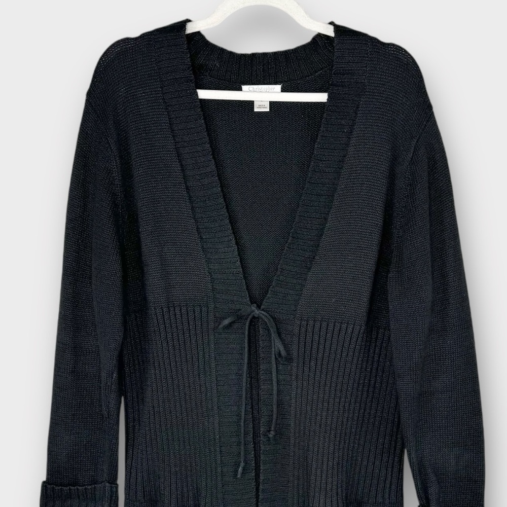 Christopher & Banks Black Long Cardigan Sweater L Open Front with Tie Closure - Picture 2 of 8